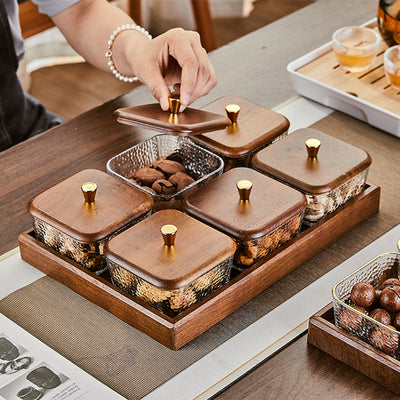 Walnut wood fruit bowl snack storage box - premium glass dried fruit dish - coffee table dessert & candy organizer