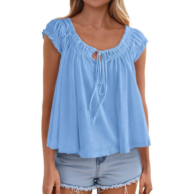 fashioneleganttie backrufflesshirt women's  summer new arrivalfashion pleated tops