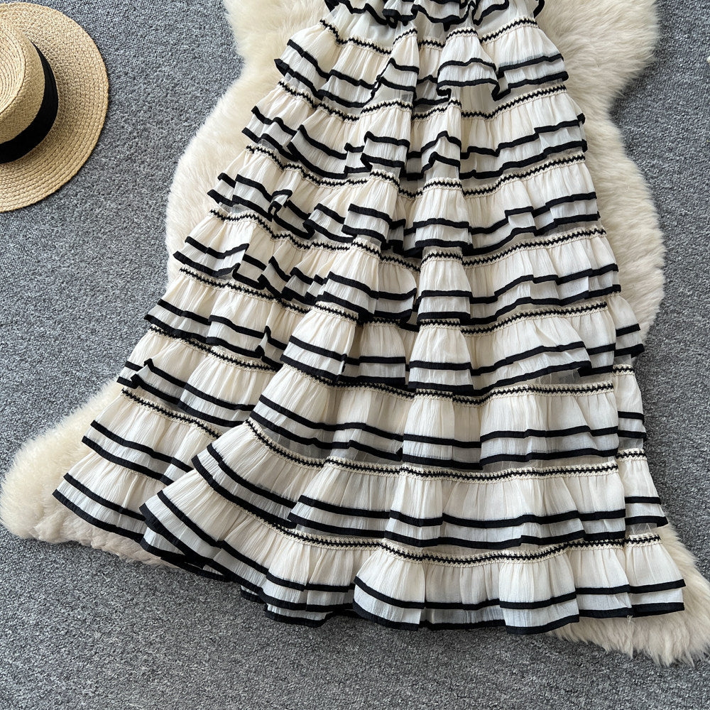 Gentle wind stripes suspender pure desire hook flower dress women's summer waist slimming look cake skirt french long skirt