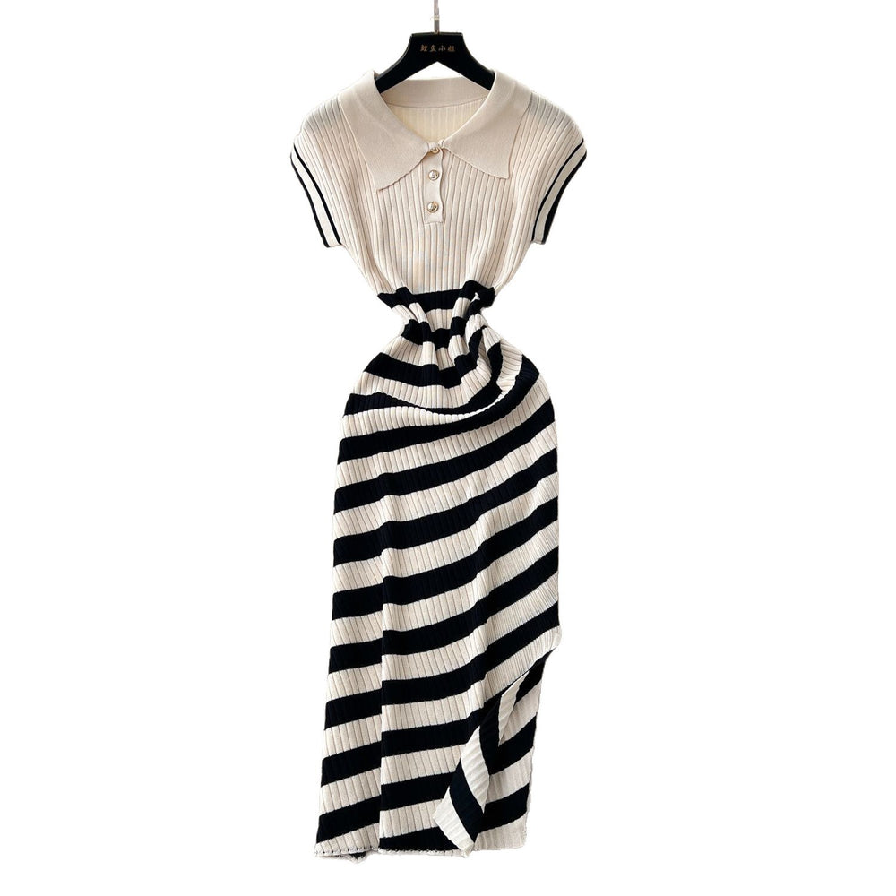 Korean chic niche retro fashion color block diagonal stripe dress - women's slim fit bodycon knit mini dress with slit