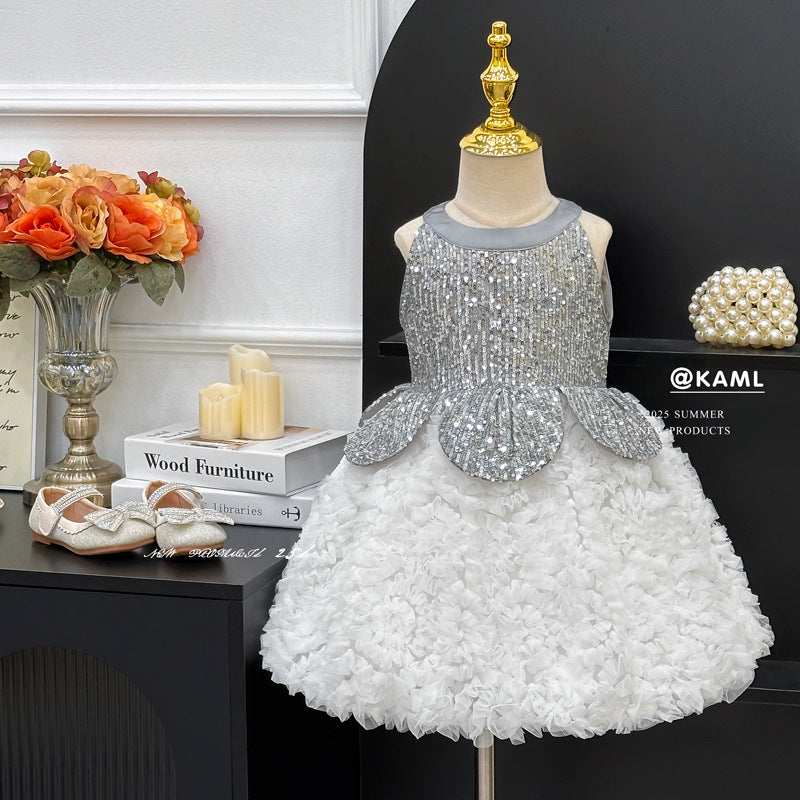 【clearance】girls' dress  summer heavy-duty sleeveless petal patchwork tank dress high-end formal gown