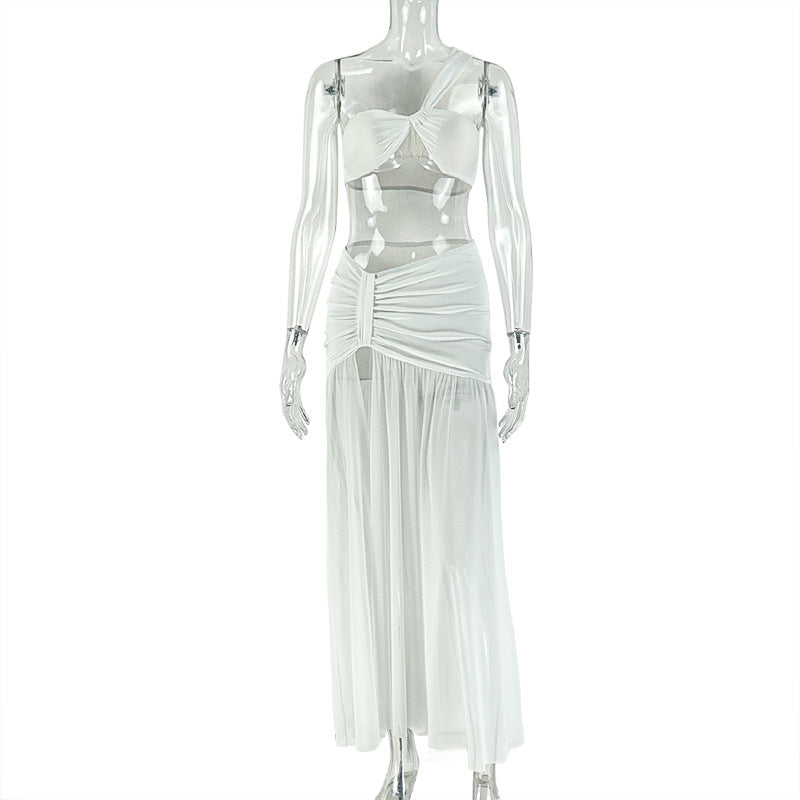 Fashion styleexportpure color vacation navel-baring design skirt suit slit hip-covering chest-wrapping one-shoulder two-piece set women's clothing trend