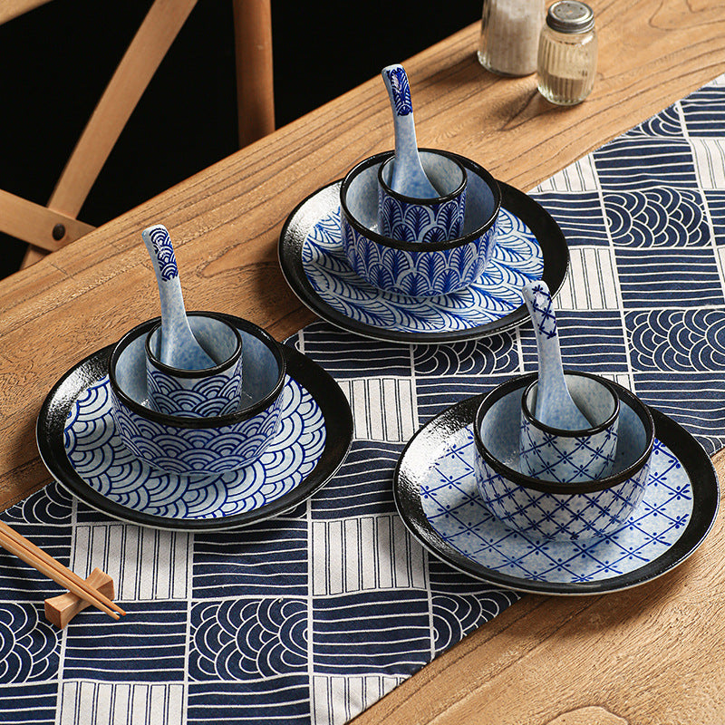 Japanese blue pattern soup bowl for home creative ramen bowl student dormitory instant noodle bowl rice bowl salad bowl retro bowl