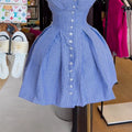 European and american cross-border women's fashion:  summer new arrival - chic and elegant blue striped a-line irregular strap dress