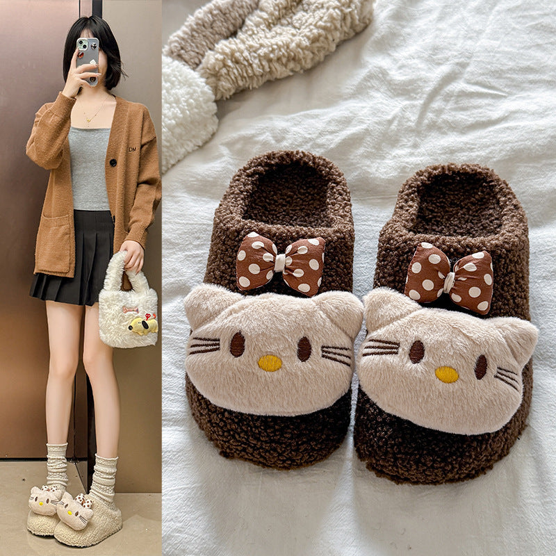 Kt cat casual women's lambswool slippers - autumn/winter cute cartoon warm non-slip home thick-soled closed-toe cotton slippers