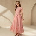 European and american cross-border teen girls' clothing  new arrival: elegant ruffle trim round neck cinched waist long french style dress