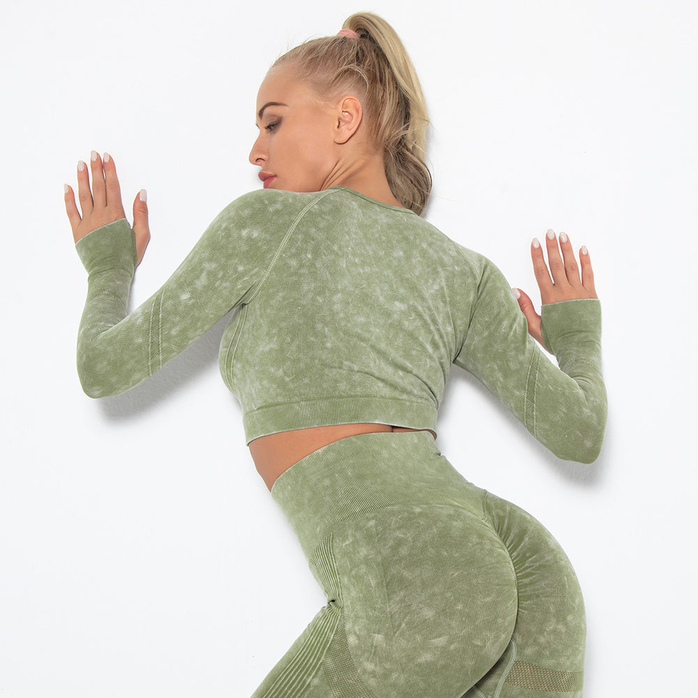 In stock! new european and american style sexy fitness wear for women, tight-fitting, quick-drying, washed athletic running long-sleeve top, yoga outfit