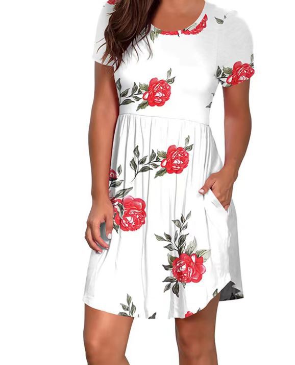 european and american  women's casual crew neck printed pullover short sleeve ruched pocket dress