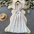 Vintage court style puff sleeve dress - women's summer mesh lace slim fit waist-defining elegant mature woman long dress