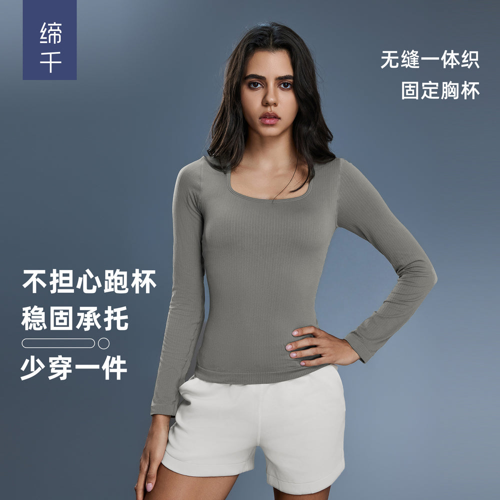 Women's yoga top with built-in bra pads, long sleeve square neck slimming base layer top for autumn - d25176