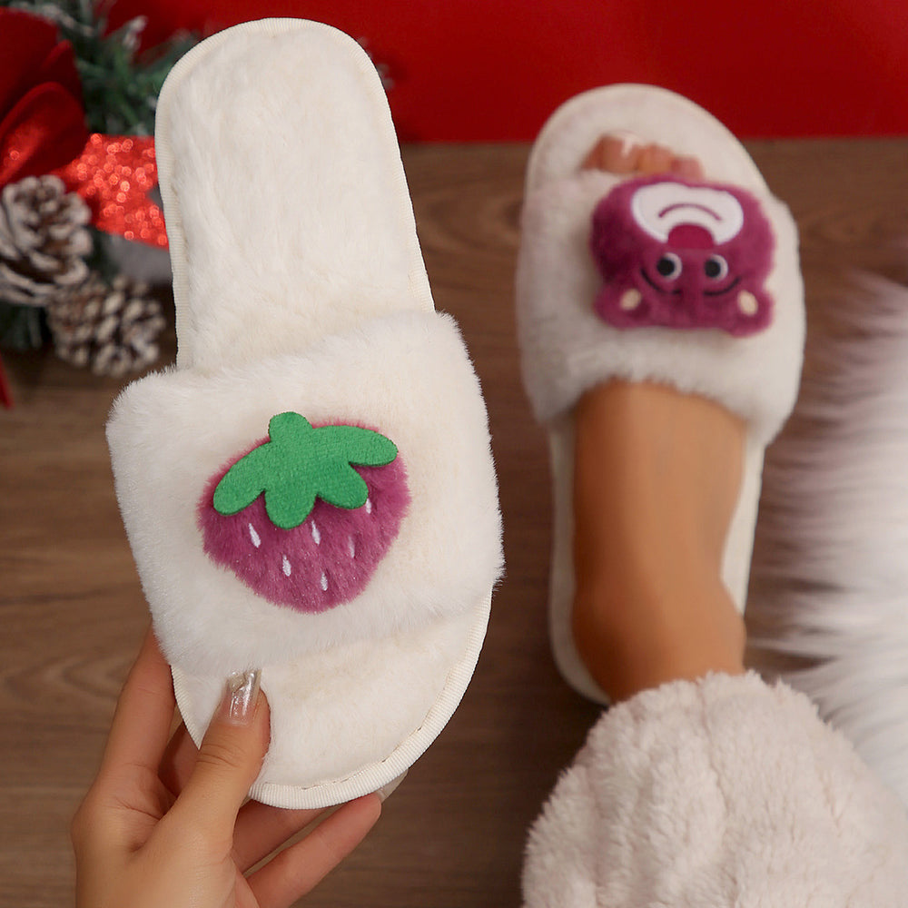 Women's fuzzy slippers - new autumn/winter collection - strawberry bear design, flat, warm, and cute cartoon cotton slides for indoor and outdoor wear