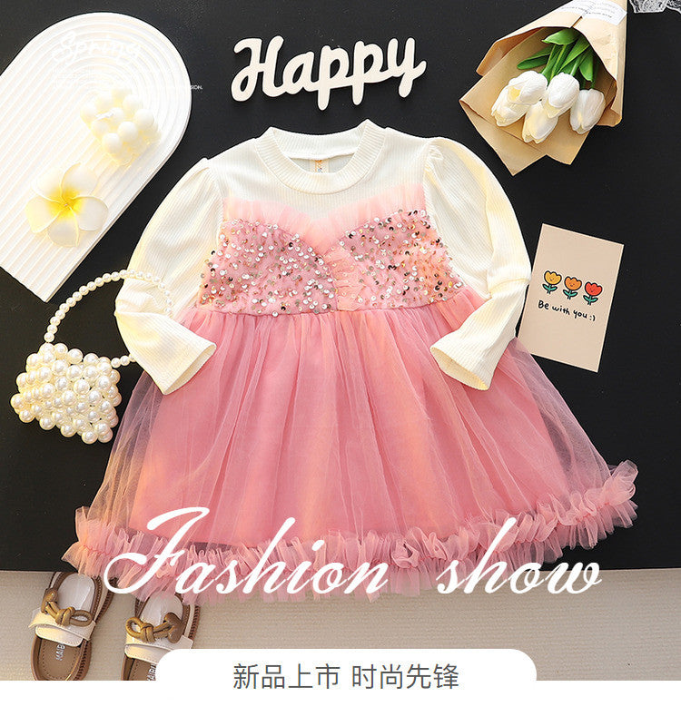Girls' spring mesh princess dress - kids' round neck sequin party dress with long sleeves and layered tulle skirt