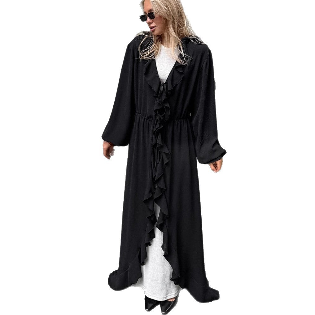Cross-border European and American new black long-sleeved ruffle edge cardigan women's holiday style niche long lace-up split dress