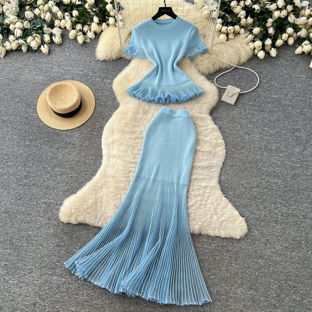 Lightly mature elegance style knittingpatchworkruffles short-sleeved topstwo-piece set women's summer silmwork clothingelegantsuit