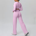 High-waisted, straight-leg, wide-leg, quick-drying yoga set with built-in bra pads, featuring a cropped, long-sleeved design. perfect for outdoor running and fitness activities for women
