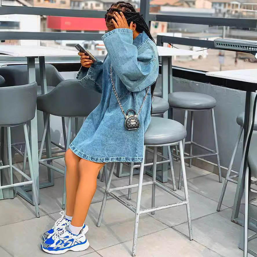 European and american style women's dress -   spring/summer cross-border fashion - trendy lapel loose fit denim skirt