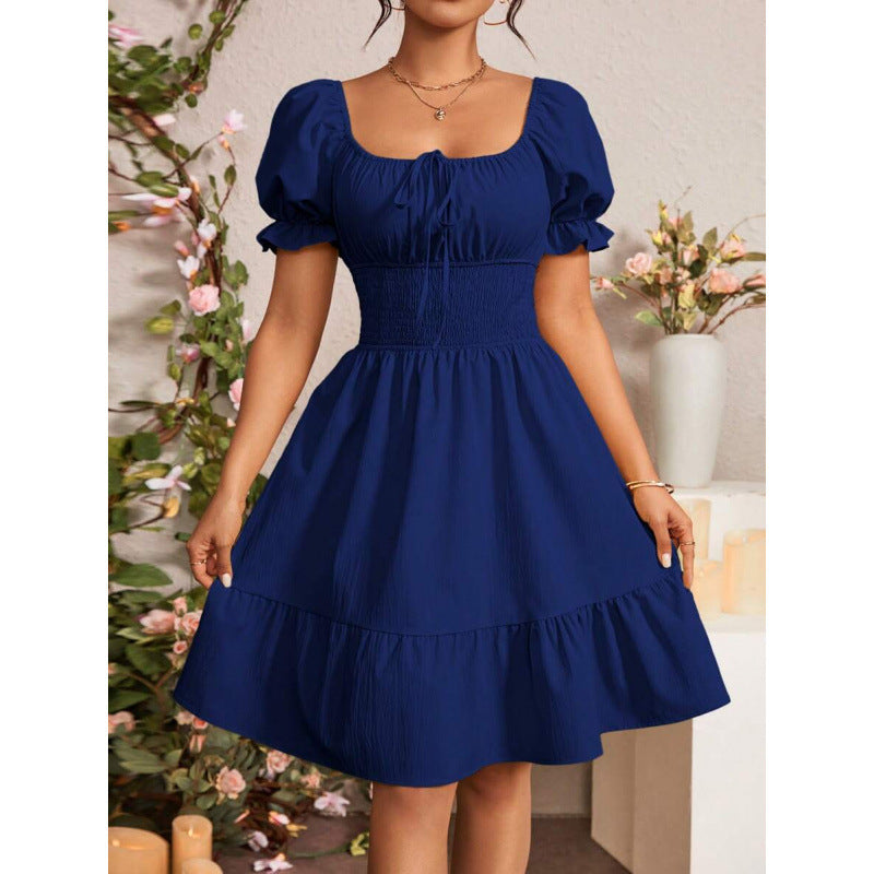 fashion  summer new arrivalelegantrufflespure color puff sleeve square neck shortdress