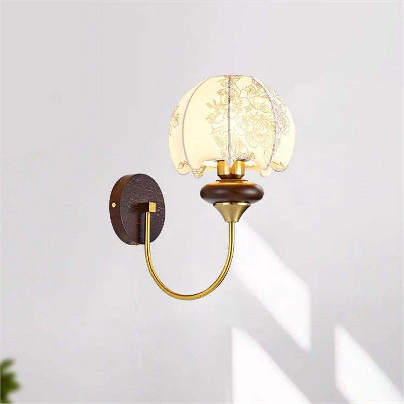 French medieval wall lamp bedroom bedside lamp american retro pattern fabric living room solid wood background wall lamp