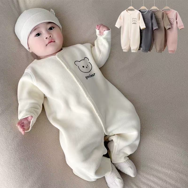 Men's and women's long sleeves baby outing clothes rompers fall and winter baby heattech jumpsuit cartoon fleece-lined khaki kids clothes