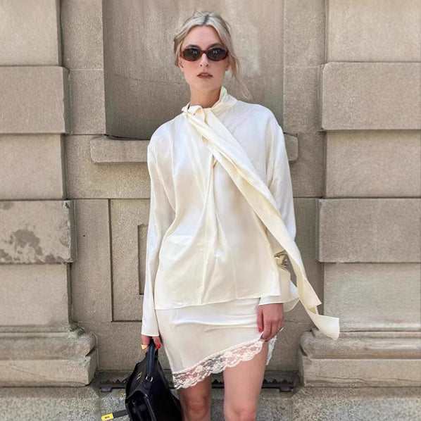 Fashion satin neck strap top short skirt two-piece set women's 2025 summer commuter French high-end skirt set