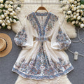 Accessible luxuryfrench palace style printingdress women's v neck puff sleeves waist design niche style socialite elegant skirt