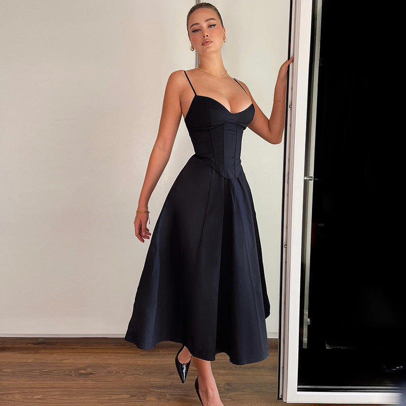 french women's clothing  summer new sexy v-neck camisole maxi dress - black backless sexy dress for women