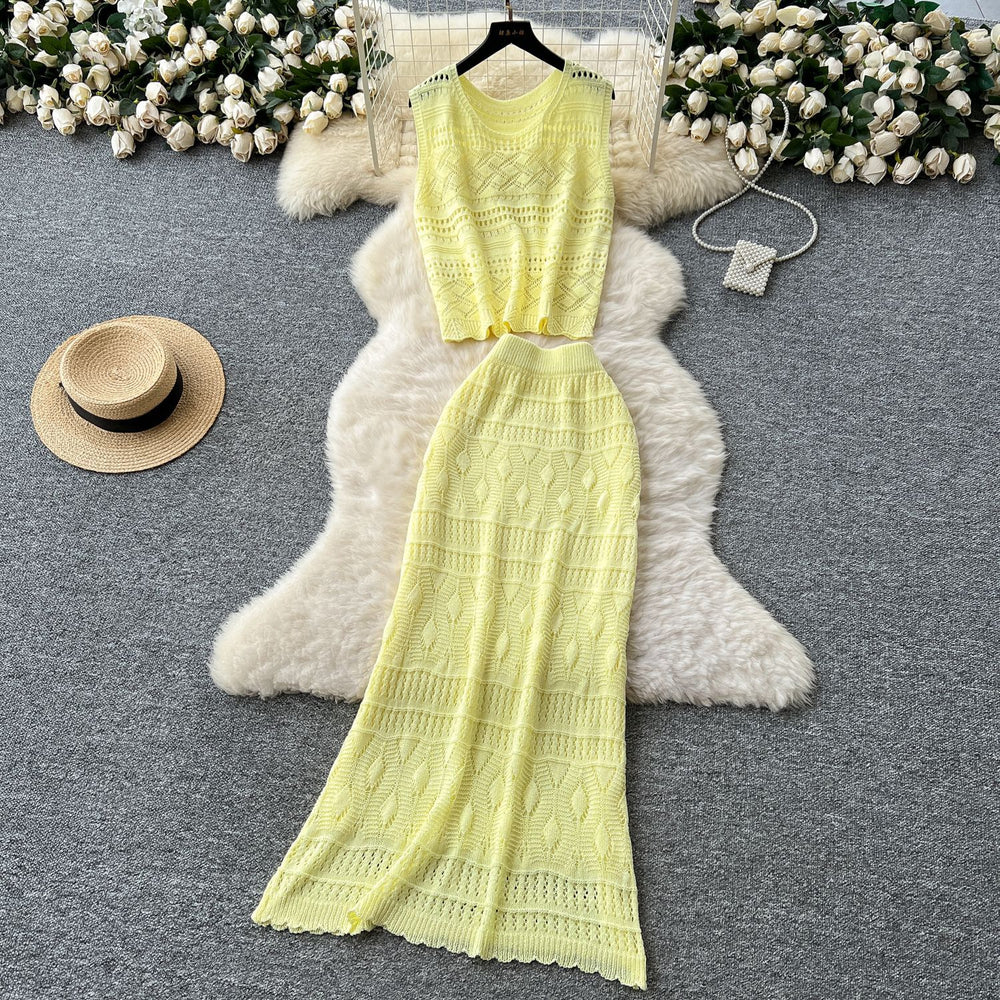 Korean sweet age reduction cut out crochet knittingtops women's high waist tight hip cover skirt summer clothes elegantsuit