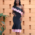 Export african european and american women's clothing rufflesdresselegance diagonal contrast color shoulder silm mermaid dress special price