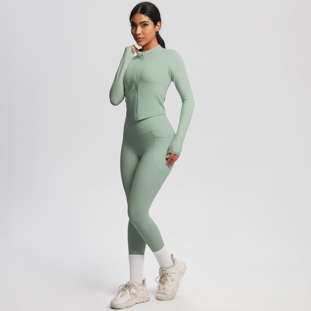 European and american nude feel compression zip-up yoga set - high-waisted pocket quick-dry activewear running fitness two-piece outfit