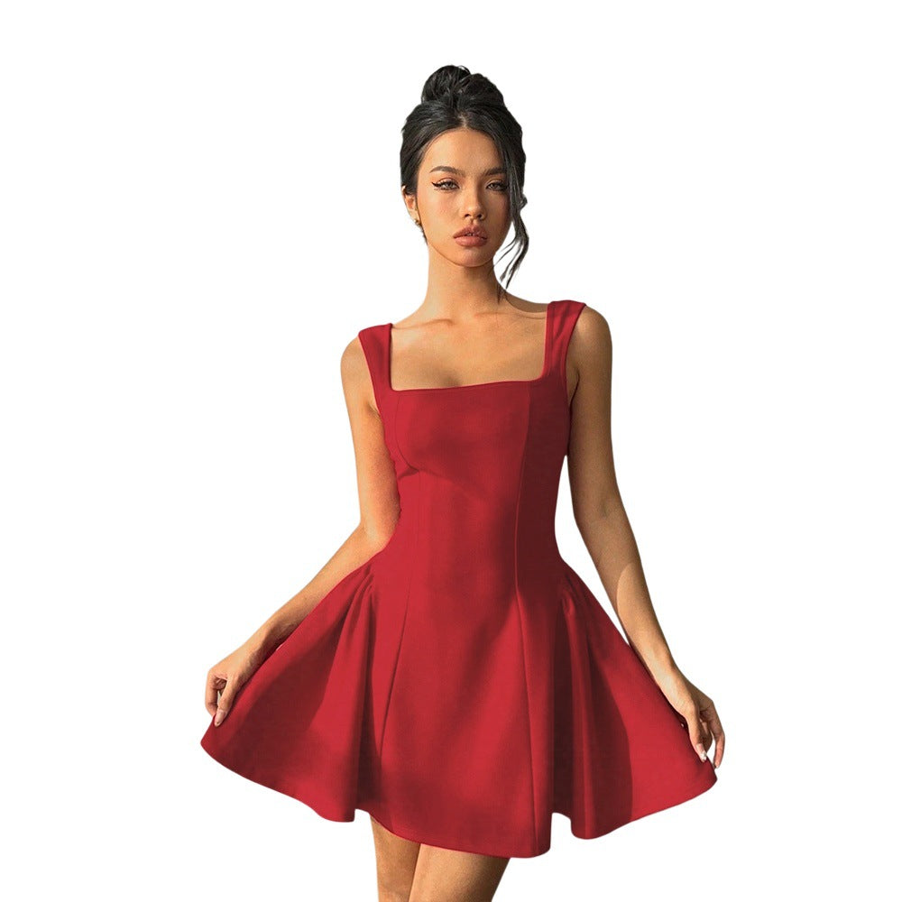 Waist-cinching a-line red dress, spring and summer new arrival square neck silm, big backless sexy short skirt, red little red dress