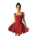 Waist-cinching a-line red dress, spring and summer new arrival square neck silm, big backless sexy short skirt, red little red dress