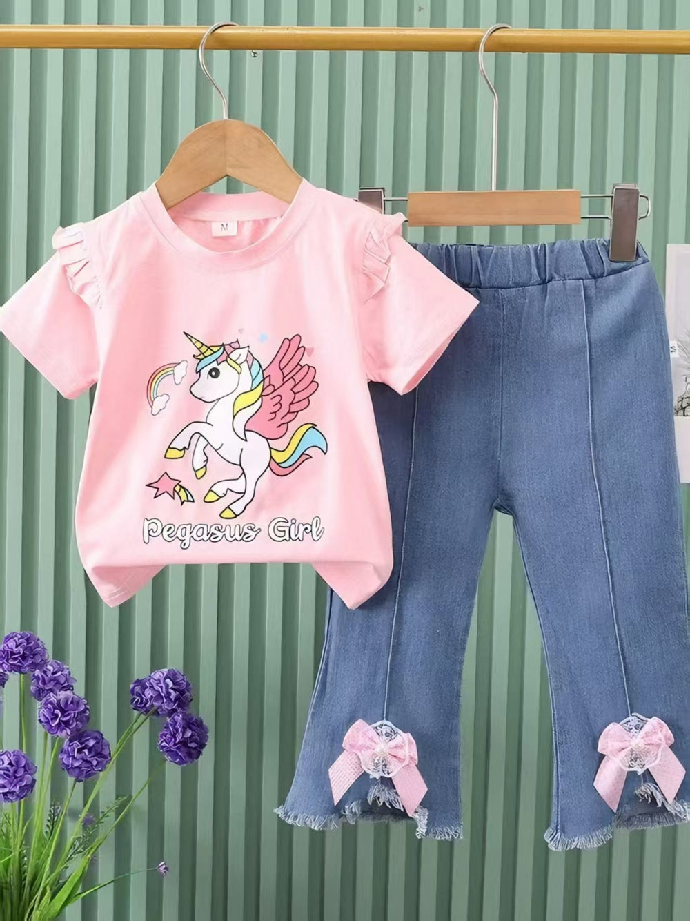 Factory direct: new girls' summer two-piece set - korean style unicorn short sleeve top + bowknot flare pants