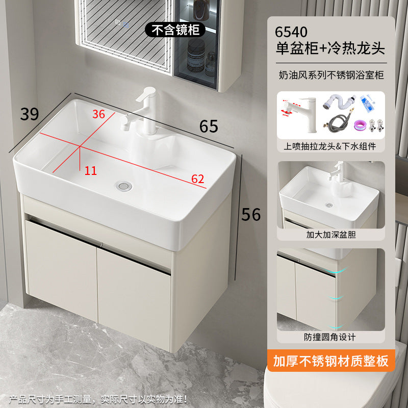 Small apartment bathroom cabinet Thickened stainless steel washstand Integrated cabinet Storage mirror Washstand Deepened ceramic integrated basin