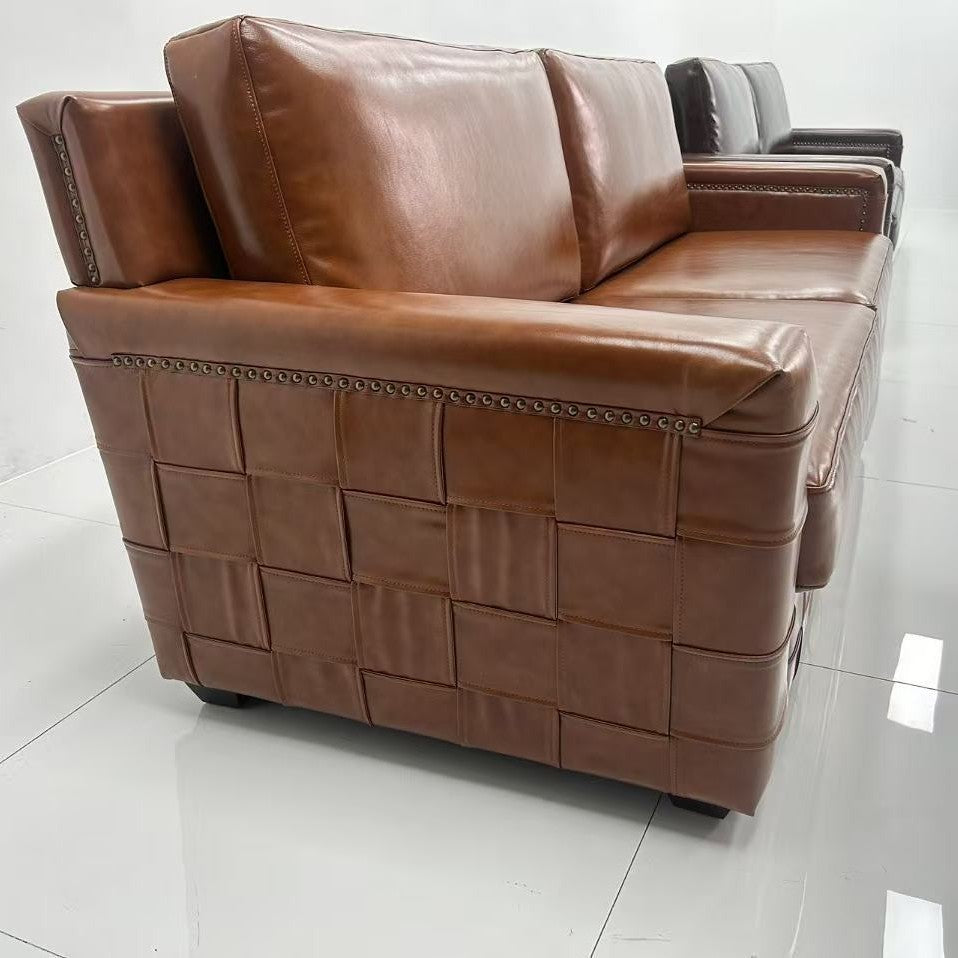 Vintage-style oiled leather checkered sofa, retro leather art sofa, designer living room straight three-seater sofa