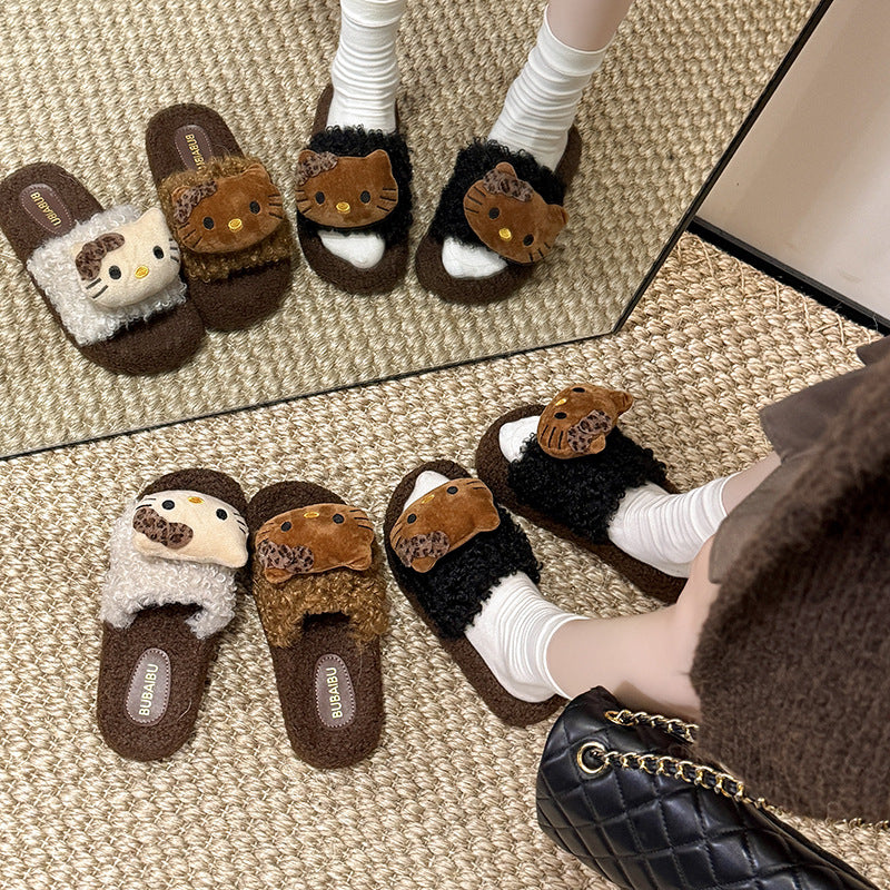 Autumn and winter cute leopard print cat cotton slippers for women, non-slip home slippers, trendy leopard print furry slippers for women, suitable for wearing outdoors