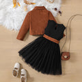 Girls' fashionable and elegant two-piece set: faux pocket notch lapel corduroy long-sleeve jacket + fluffy mesh skirt with vest