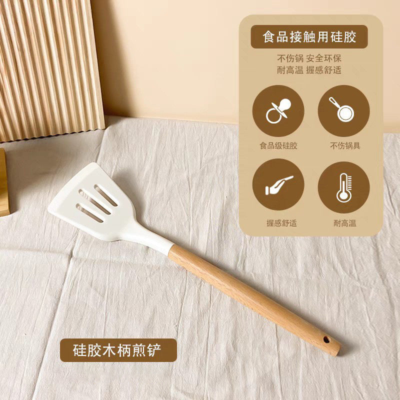 Wooden handle oven mitts silicone spatula high temperature resistant non-stick pan cooking spatula soup spoon frying spatula for home kitchen cooking spatula
