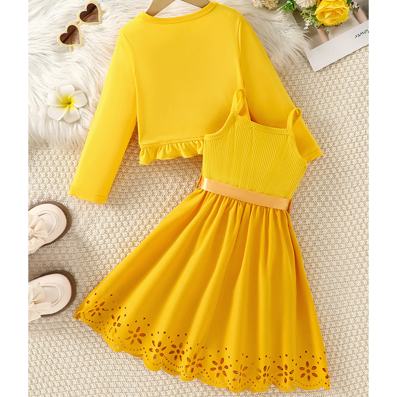 new girls' dress set: cute cat print, bow detail, hollow-out hem two-piece sundress set