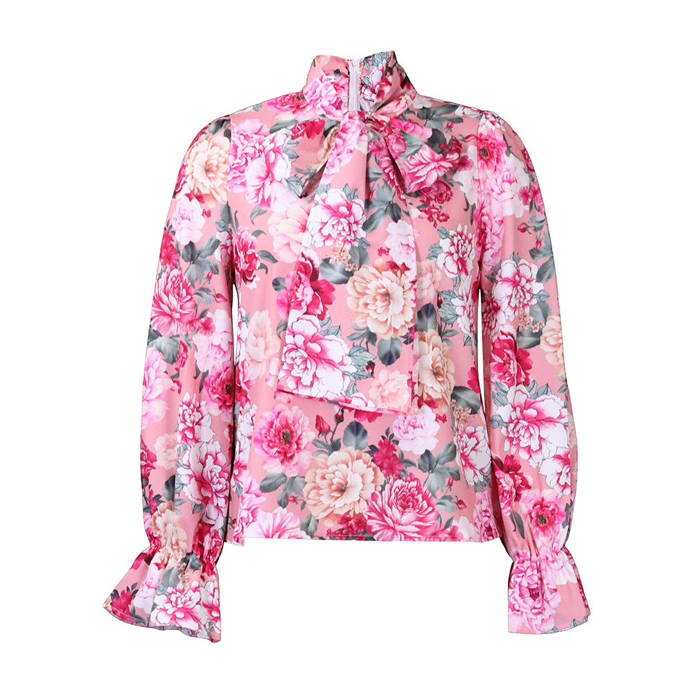 D342 european and american women's clothing  new fashionable elegant slimming printed tie-up shirt plus size african export blouse