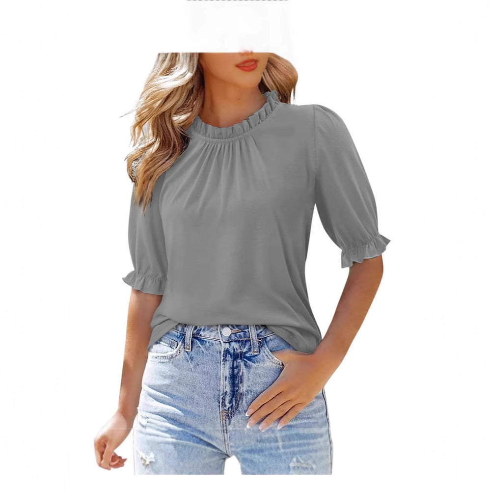 new women's solid color button-down crew neck ruched mid-sleeve top for cross-border