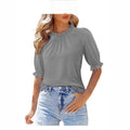 new women's solid color button-down crew neck ruched mid-sleeve top for cross-border