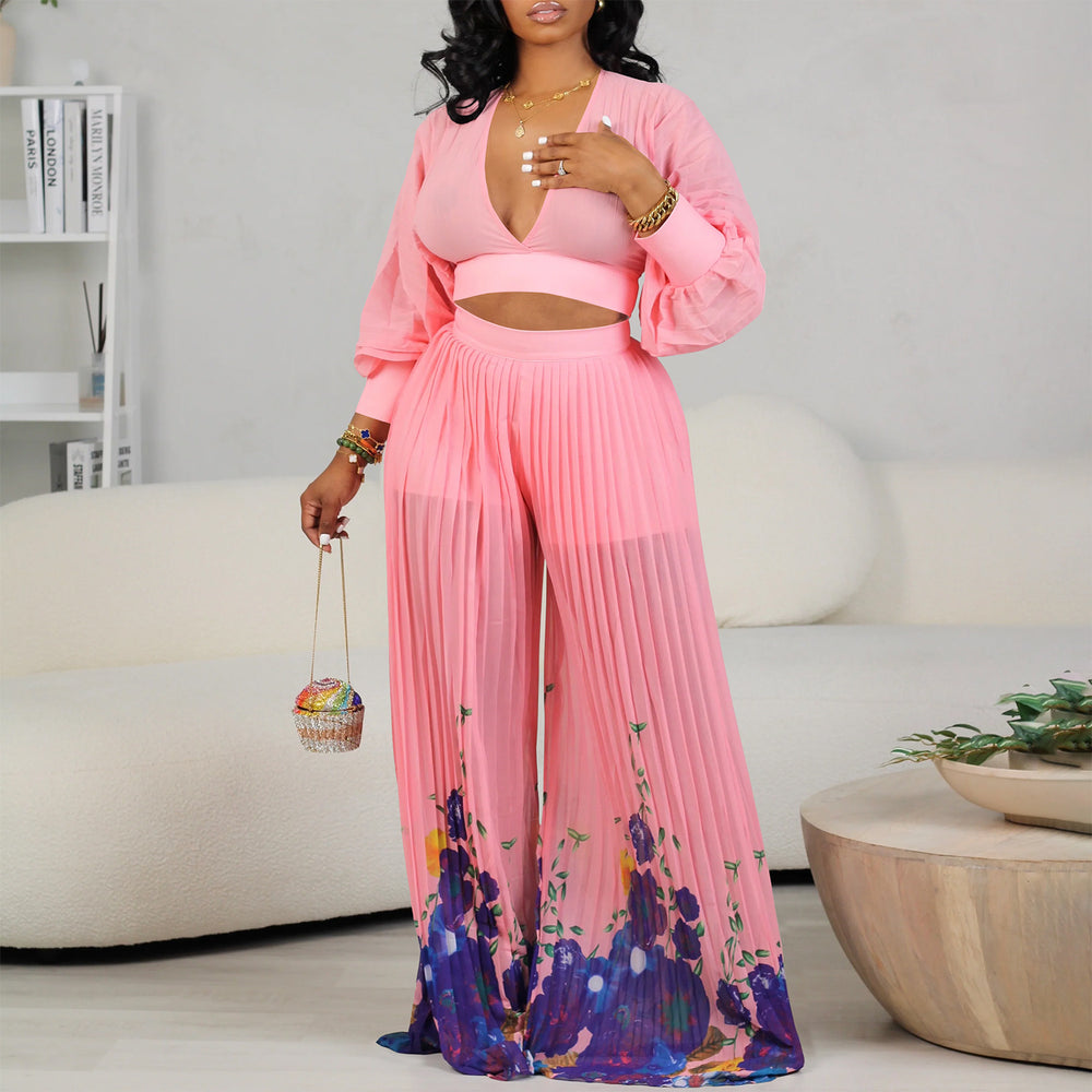 D440 independent station foreign trade wholesale v-neck chiffon lantern sleeve tops pleated wide-leg pants two-piece set fashion suit