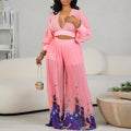 D440 independent station foreign trade wholesale v-neck chiffon lantern sleeve tops pleated wide-leg pants two-piece set fashion suit