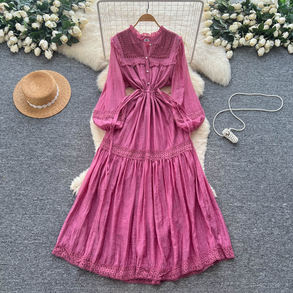 Autumn women's new dress : court-style lace patchwork, tie-waist, rhinestone embellished, flared french maxi dress