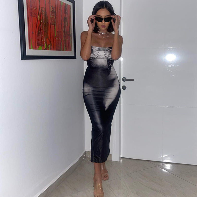 Amazon  independent station best sellingfashion hot girl style casual popular printing low-cut suspender dress for women