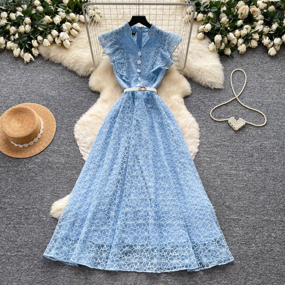 Korean style lace hollow-out sleeveless a-line dress - women's summer high-waisted slimming commute elegant long dress