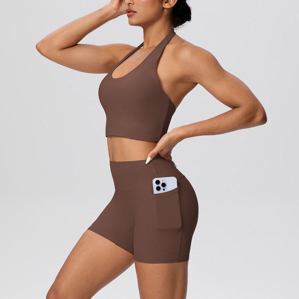 New women's solid color brushed halter tank top and pocket shorts yoga set - two-piece activewear workout outfit