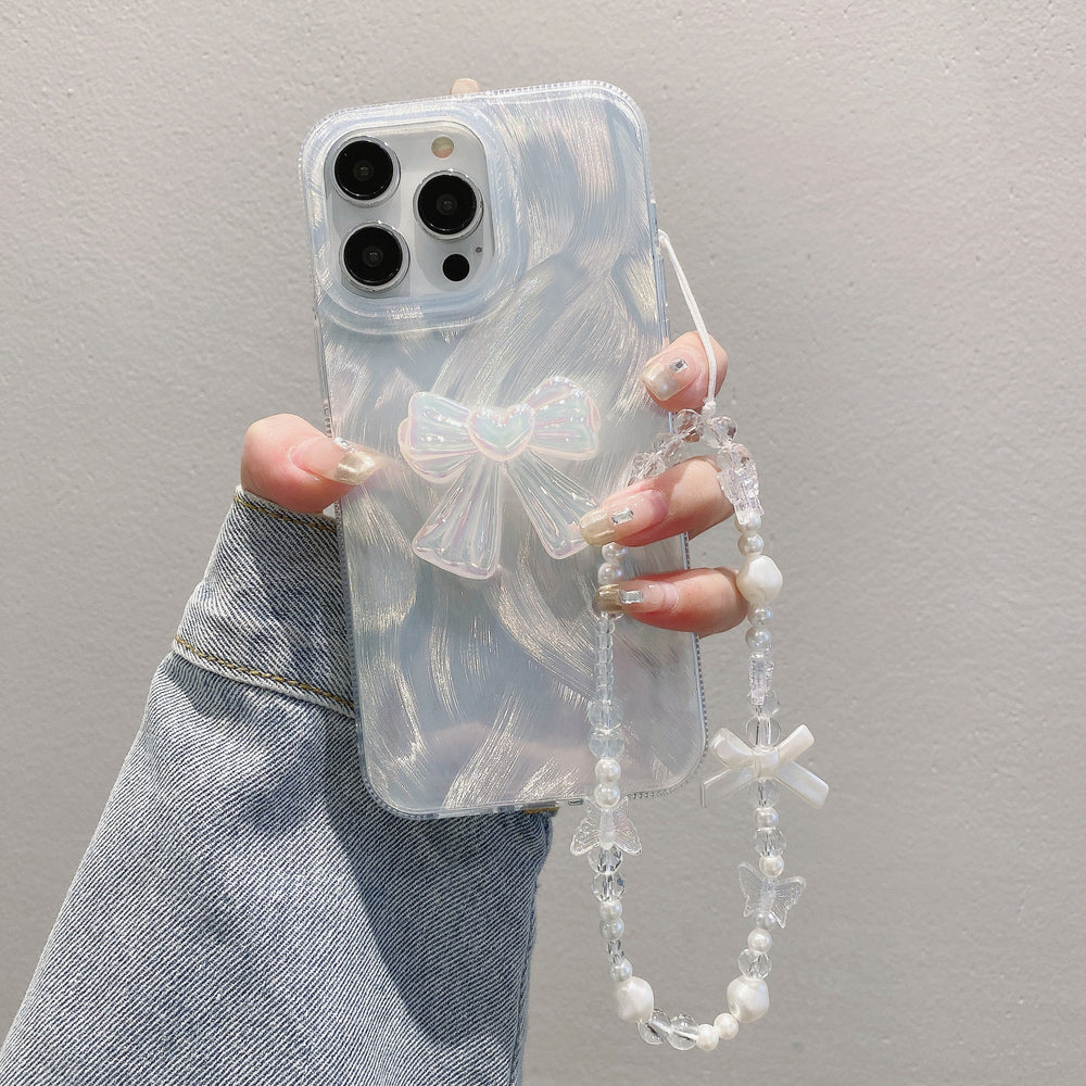 Feather yarn silver is suitable for apple 16pro bow chain mobile phone case iphone14/13 laser hard pc protective case