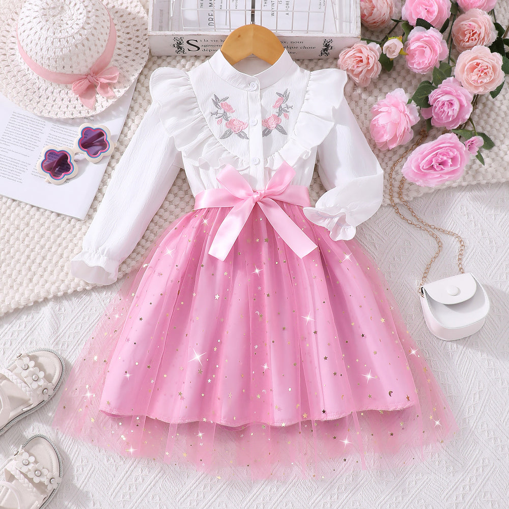 Girls' dress, pearl sleeve solid color dress