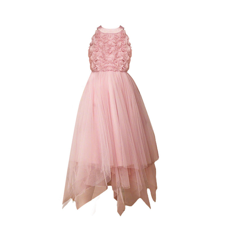 European and american style girls' formal dress - asymmetrical hem, spaghetti strap, openwork design - host/performance costume, children's princess dress